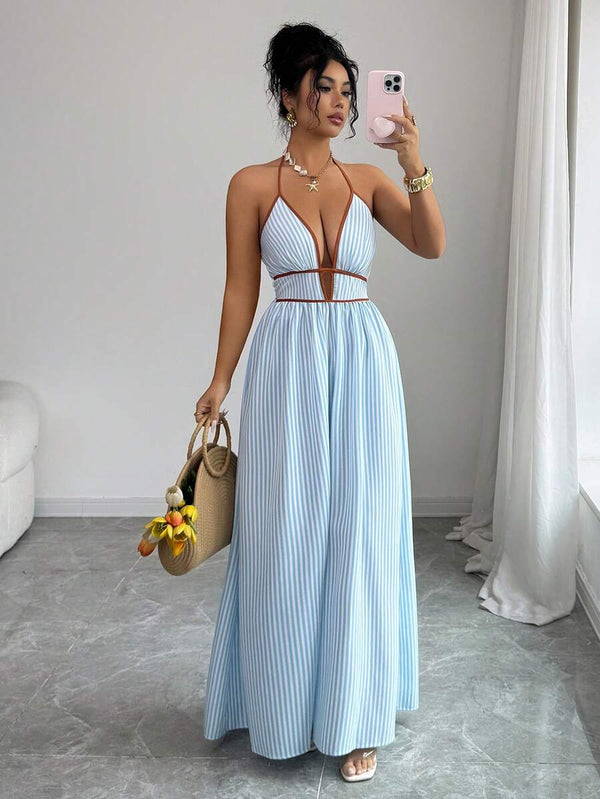 Striped Plunge Neck Halter Dress