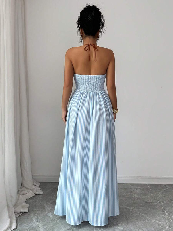 Striped Plunge Neck Halter Dress