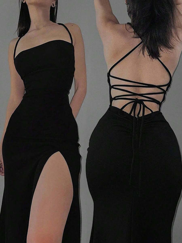 Backless Tie Strap Slit Slip Dress