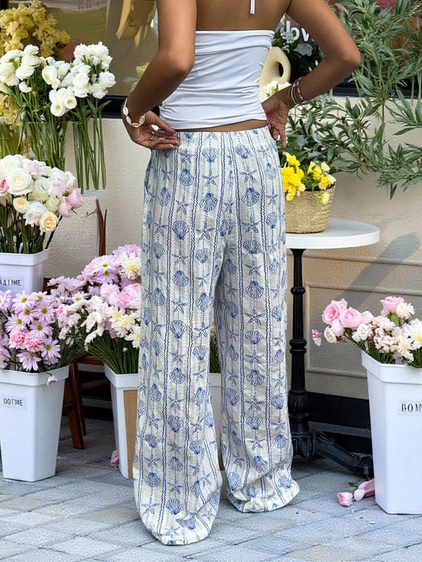 Plus Size Blue & White Ocean Print Pants