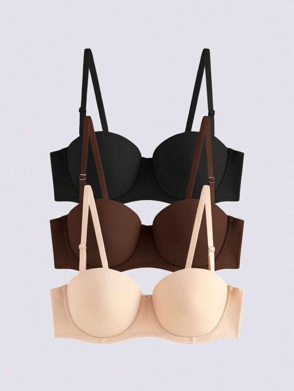 Detachable Strap Solid Bra Set