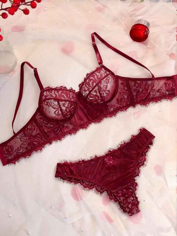 Burgundy Floral Lace Lingerie Set