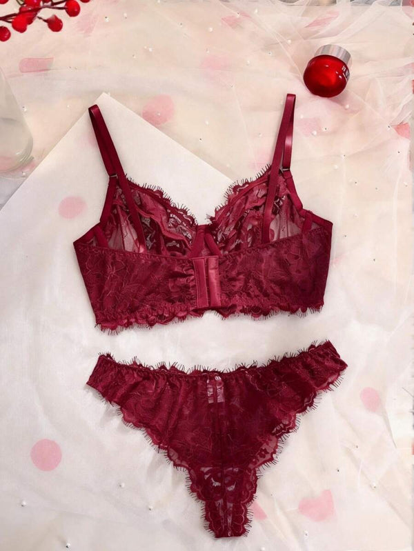 Burgundy Floral Lace Lingerie Set
