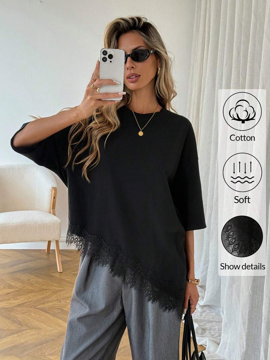Asymmetrical Hem Lace Patchwork Tee