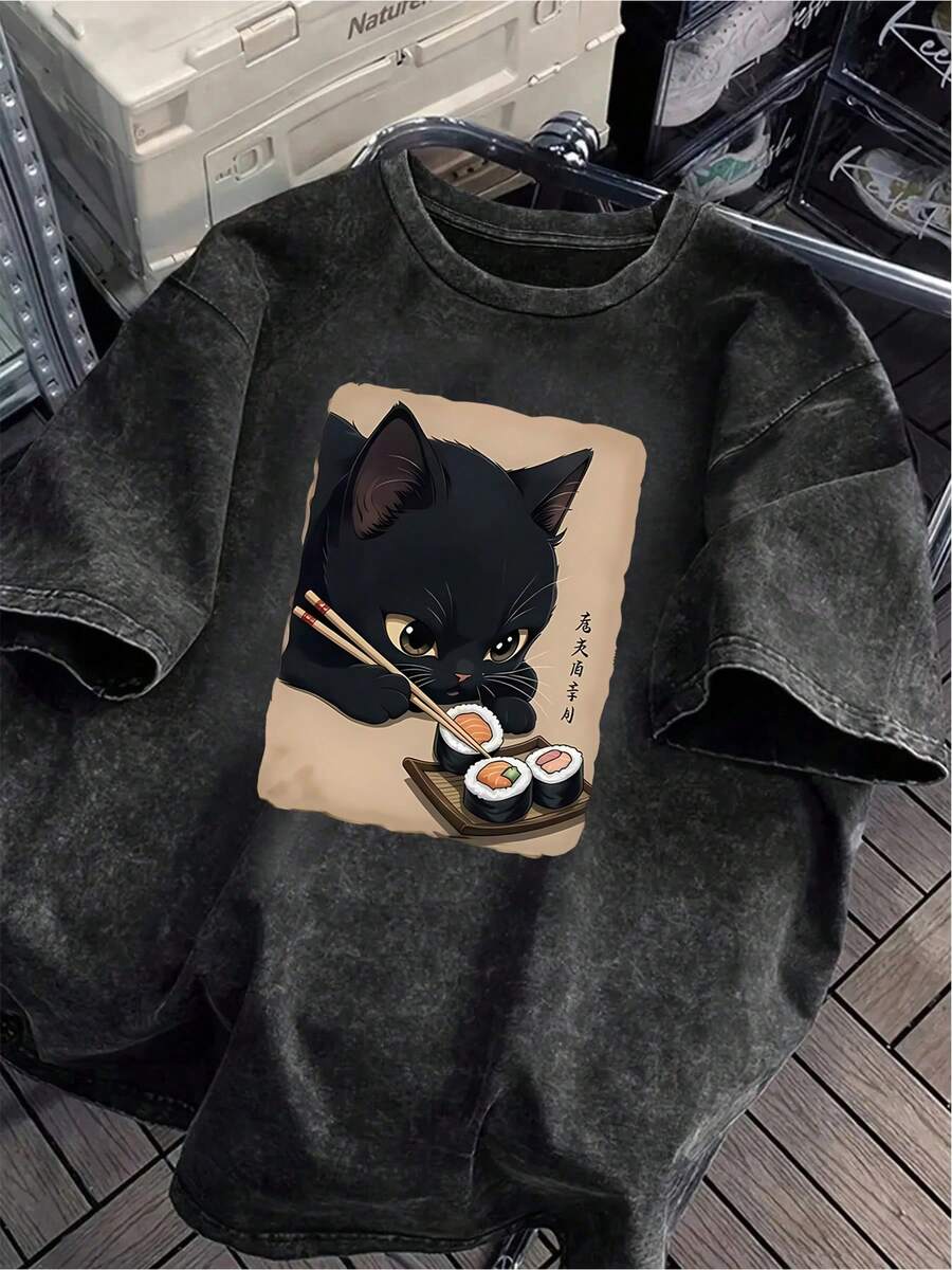 Y2K Black Cat Sushi Graphic Tee