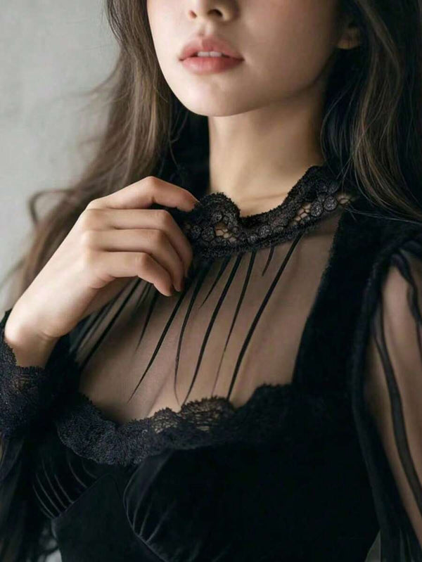 Sheer Lace Patchwork Ruffle Hem Blouse