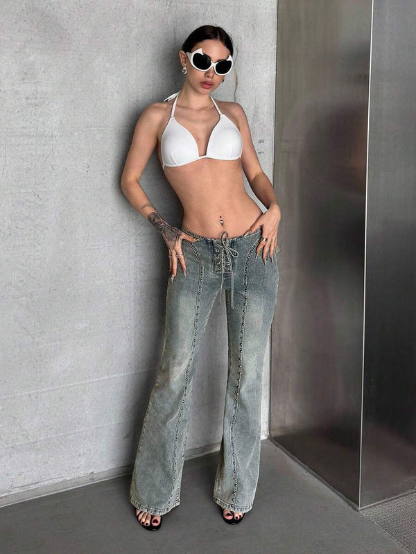 Low-Waist Studded Patchwork Flare Pants