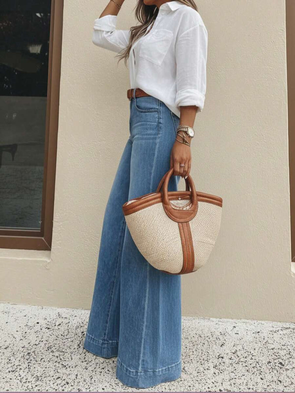 Washed Casual Wide-Leg Jeans
